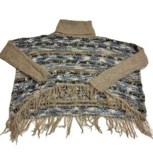 OCEANUS Sweater Womens Small Turtle Neck Fringe Knit Poncho Style Blue Tan S